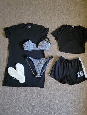 Women's Size S/M Black & White Bikini, Cover up Dress, Shirt & Shorts, & Sandals